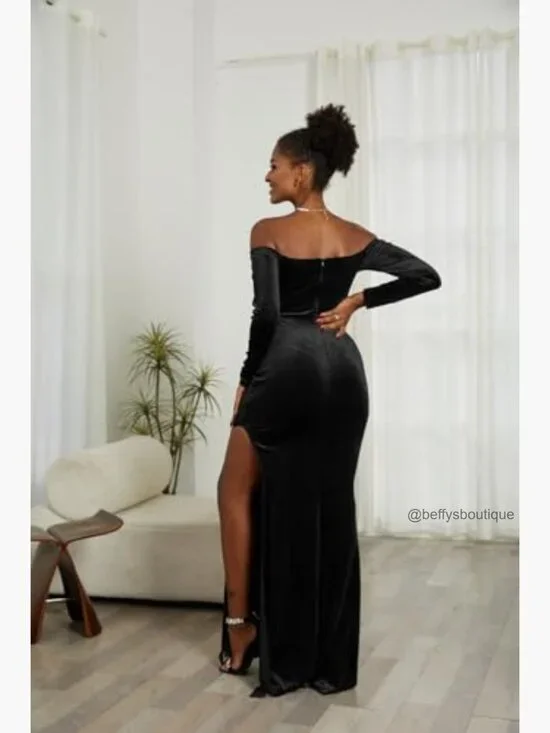 Long Sleeve Velvet Maxi Dress Off Shoulder Formal Evening Gown High Split - Picture 6 of 7